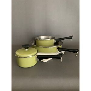 VTG SEARS Avocado Green Pot & Pan Set of 3 Saucepans soup pots clad stainless